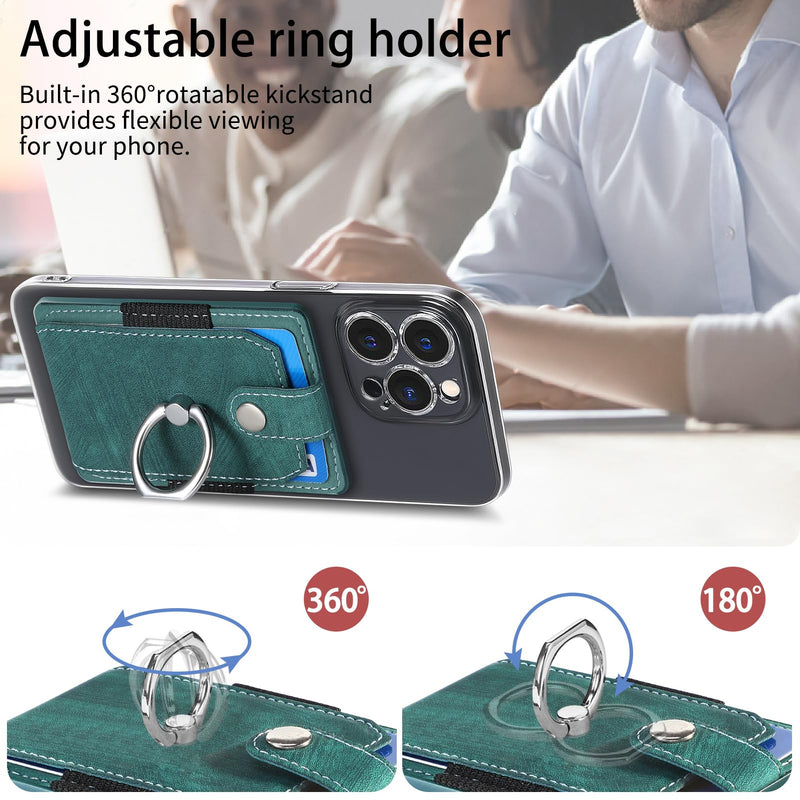Cell Phone Card Holder with Ring Grip,Adhesive Phone Card Wallet,Green | Holds up to 3 cards;360° ring works as grip and kickstand,Can be used on most phones or phone cases larger than 5.8 inches.