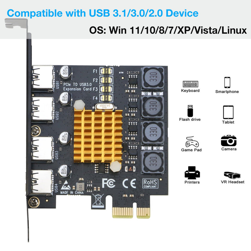 RIITOP USB 3.0 PCIe Card 4-Port PCI Express x1 to USB 3.0 Expansion Adapter Internal USB3 HUB on PC for WIN 11/10 (No Additional Power Required)