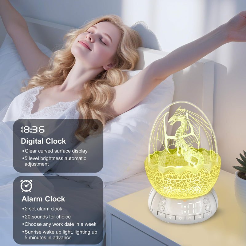 2th Generation Dragon Egg Digital Clock Ok to Wake Up Alarm Clock with Night Light / 20 Lullaby White Noise/Bluetooth Speaker, Illuminated Button Control Colors Volume Brightness Art Deco-Dragon