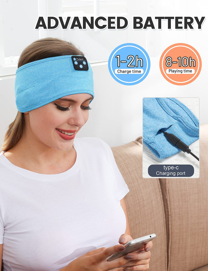 Sleep Headphones Bluetooth Headband, Perytong Upgrage Soft Sleeping Wireless Music Sport Headbands, Long Time Play Sleeping Headsets with Built in Speakers Lightblue White