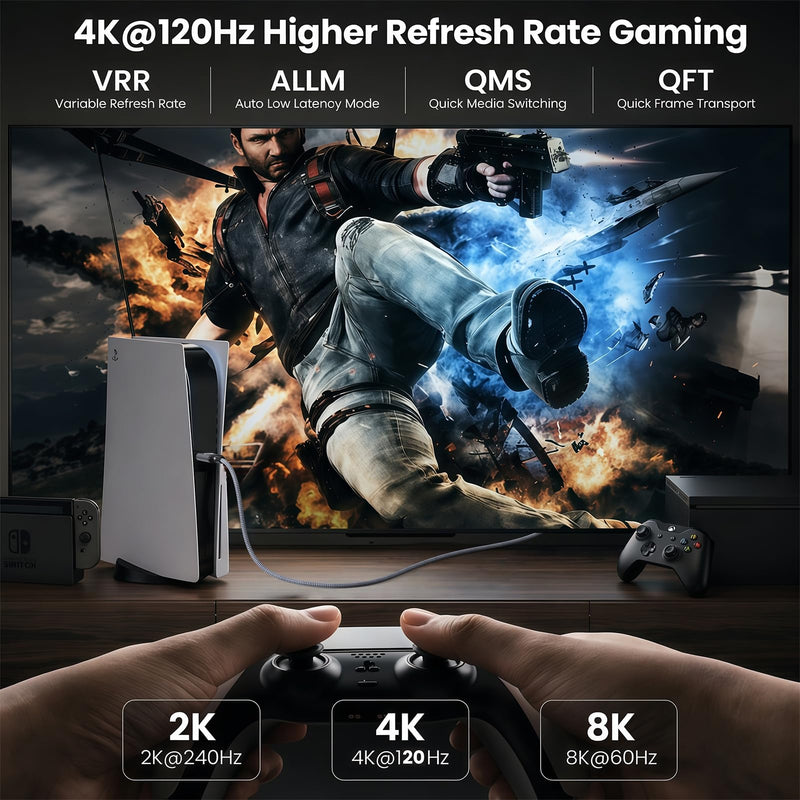Short Right Angle HDMI Cable 8K 90 Degree HDMI 2.1 Cable 1 Foot | Aluminum Braided Angled HDMI Cord Supports 4K@120Hz, 8K@60Hz, 48Gbps, Dynamic HDR, eARC, 3D for TV Box, HDTV, Monitor, Laptop 90-Degree 1FT