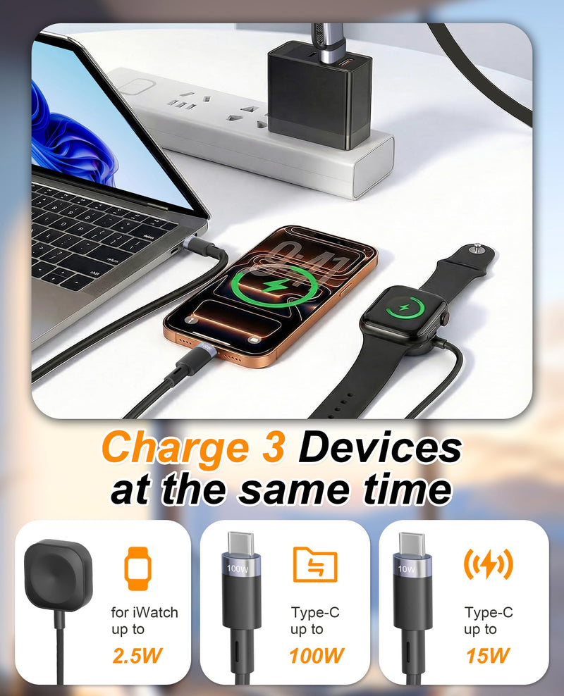 3 in 2 Retractable USB C Cable for Apple Watch Charger - 100W USB C and iWatch Charger with Data Sync, Portable Travel Cable for iWatch Ultra 2/SE2/Series 11-1, iPhone 17/16/15, iPad, AirPods, MacBook