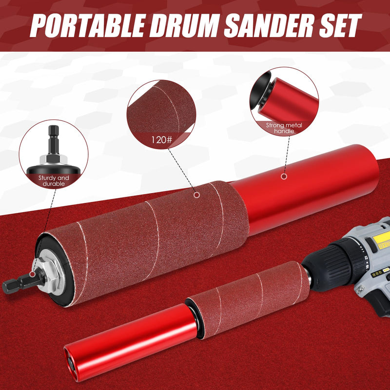 Drum Sander Set Portable Rubber Sanding Drum Hand-Held Spindle Sanding Drum with 120 Grit Sandpaper Drum Sanding Sleeves Power Drill Driven Drum Sander for Wood Metal Plastic re'd