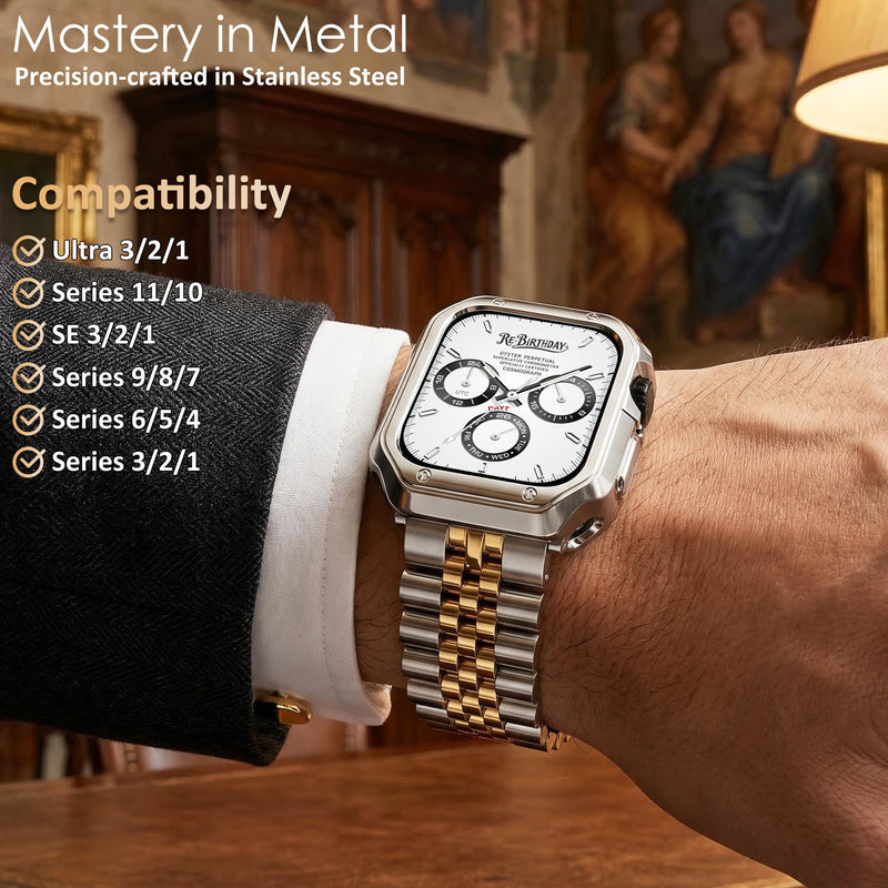 Metal Band with Case Compatible with Apple Watch 42mm Series 11/10, Stainless Steel Link Bracelet Strap with TPU Bumper Cover for Men Women, Gold Silvery+Gold 42mm(Series 11/10)