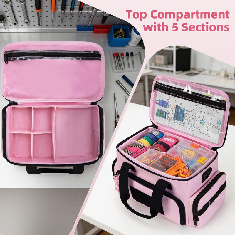 Pink Tool Bag for Women with 2 Clear Pouches, 12-inch Tool Storage Organizer, Double Layer Tool Box for Electrician, Carpenters, Repairman, Pink