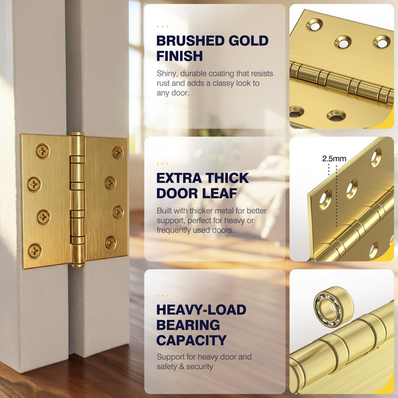 KOLET Ball Bearing Brushed Gold Door Hinges, 4 x 4 Inches Brass Gold Door Hinges, Square Corner, Stainless Steel Hinges, Heavy Duty, Smooth and Non Removable Pin, Brushed Gold, 3 Pack
