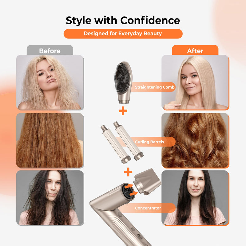 Hair Dryer Brush, 5 in 1 Hair Styler Hot Air Brush Multi Air Styler | With Interchangeable Heads, Negative Ionic Technology, Upgrade Auto Airflow Curl System, 3 Temperature Settings Gold