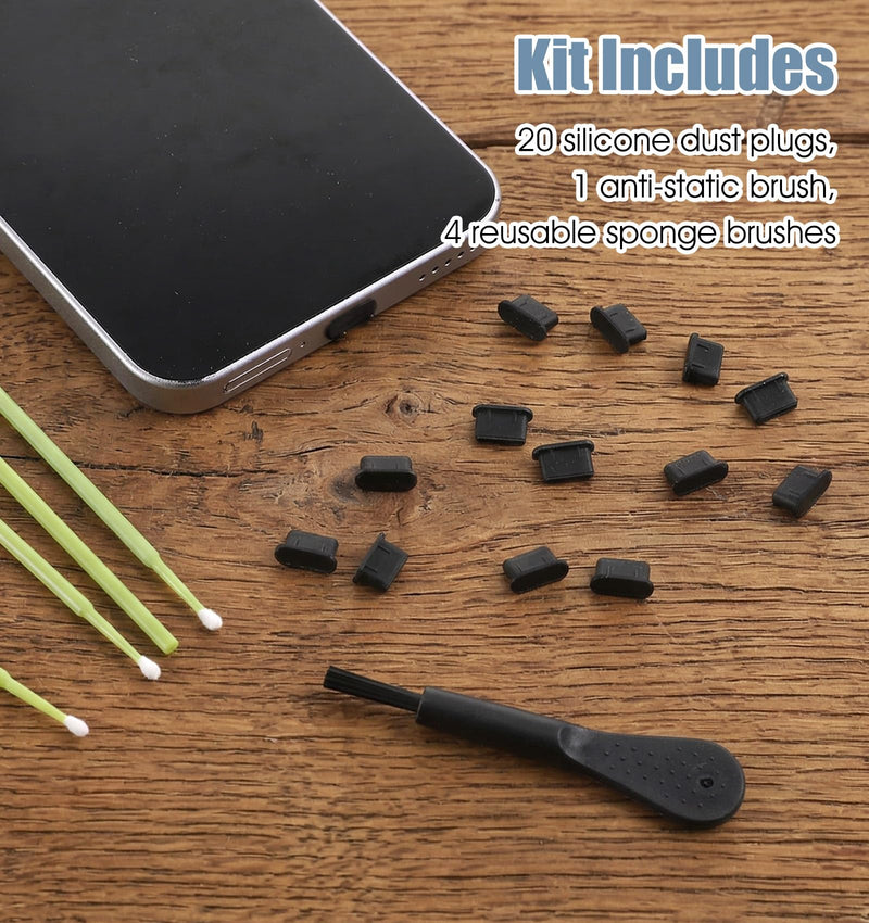 20PCS USB C Port Cover, 4-in-1 Silicone USB C Plug Cover Set with 20 Silicone Dust Plugs, 1 Anti-Static Brush, and 4 Reusable Sponge Brushes, Charging Port Covers
