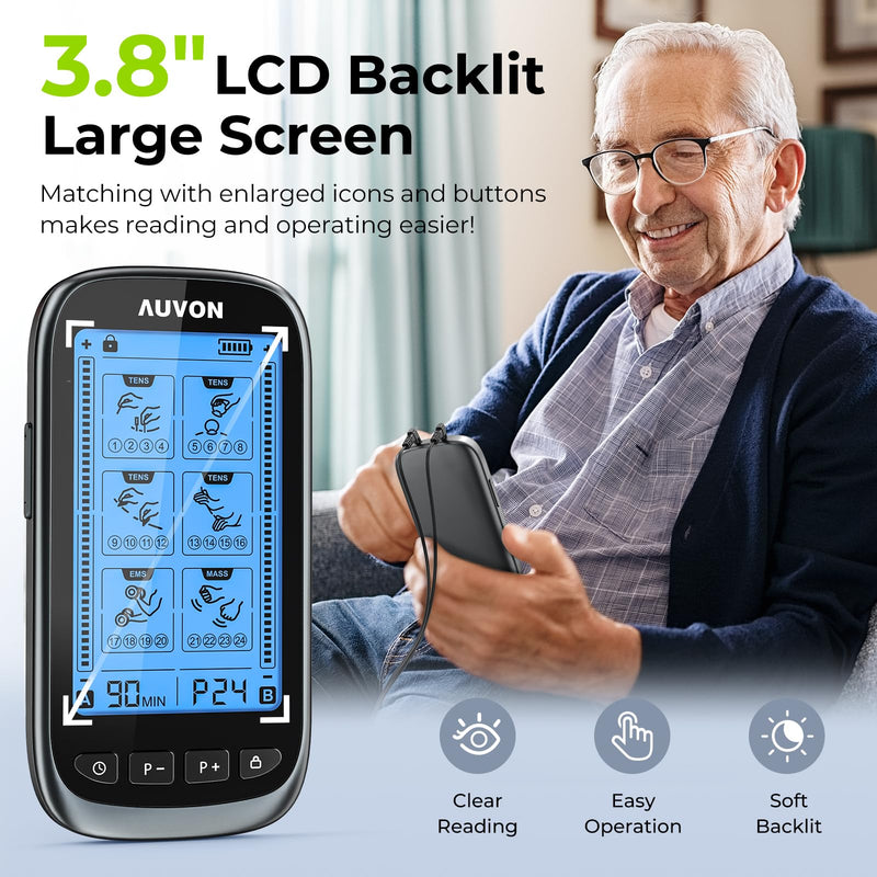 AUVON 3-in-1 TENS Unit Muscle Stimulator for Pain Relief Therapy, 30 Intensities EMS Massager Machine for Gradual Back, Shoulder, Sciatica, 24 Modes Pulse Massager with EVA Travel Case, 12 Pads