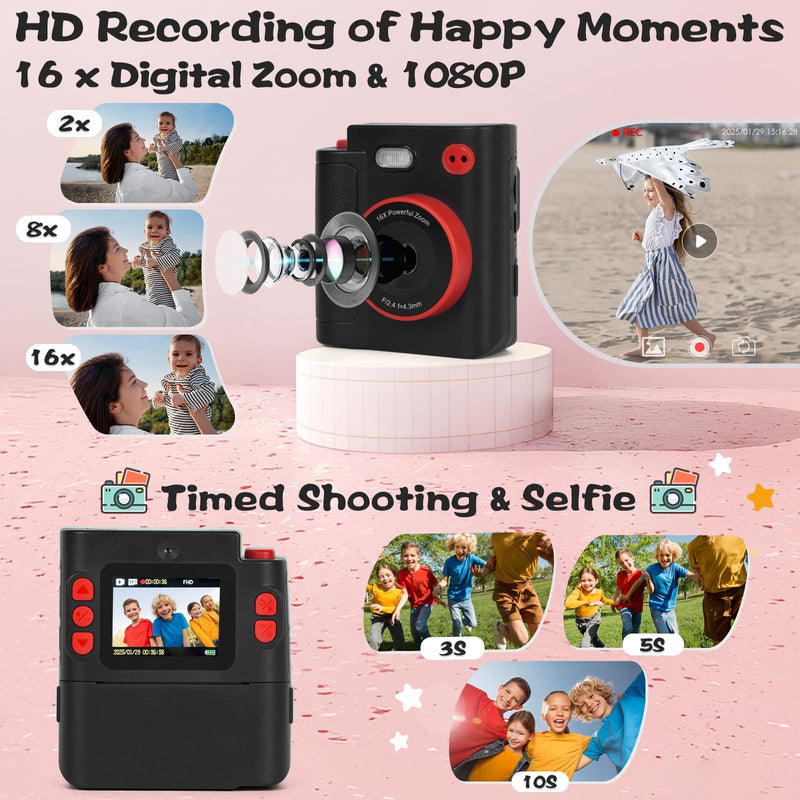Kids Camera Instant Print, 1080P HD Dual-Lens Selfie Digital Camera with 5 Printing Paper Rolls & 32G TF Card, for Children, Portable Toddler Toy for Age 3-12 Boys & Girls (Black) Black