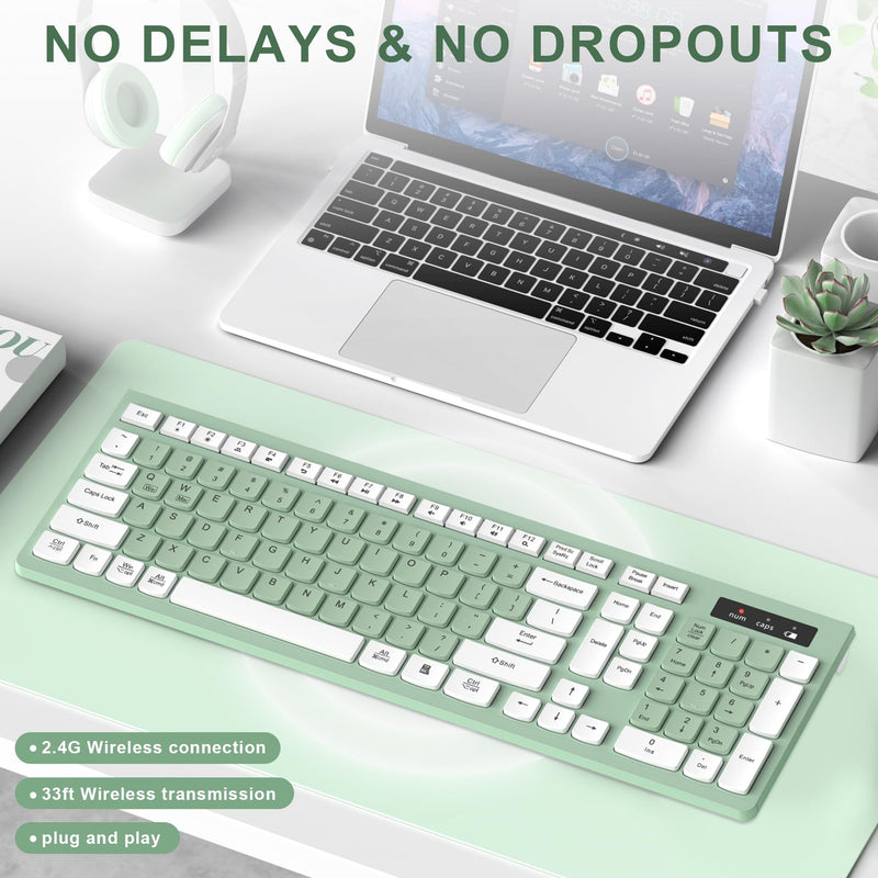 RECCAZR Wireless Keyboard Silent for Office and Home(Avocado Green) | 2.4G Full Size Silent Cordless Keyboard with Tilt Legs for Windows/Mac OS/Desktop/Laptop/PC Avocado Green