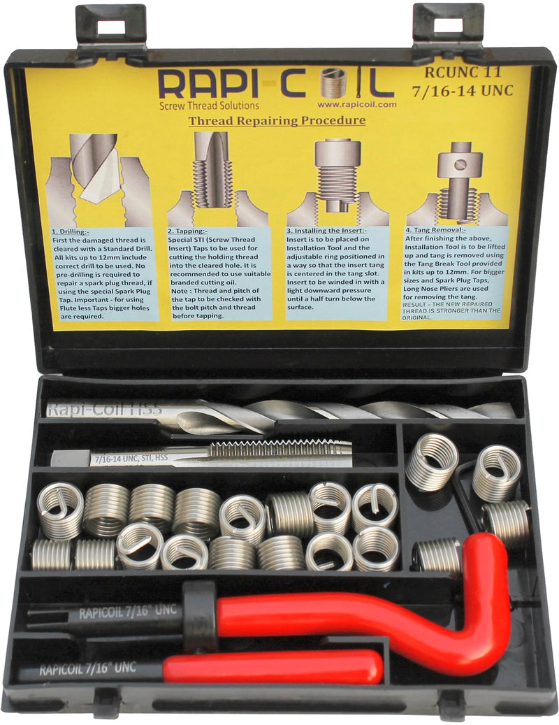 7/16-14 UNC Thread Repair Helicoil Kit, HSS M2 Tap & Drill, SS 304 Wire Inserts - Made in India 7/16-14 UNC