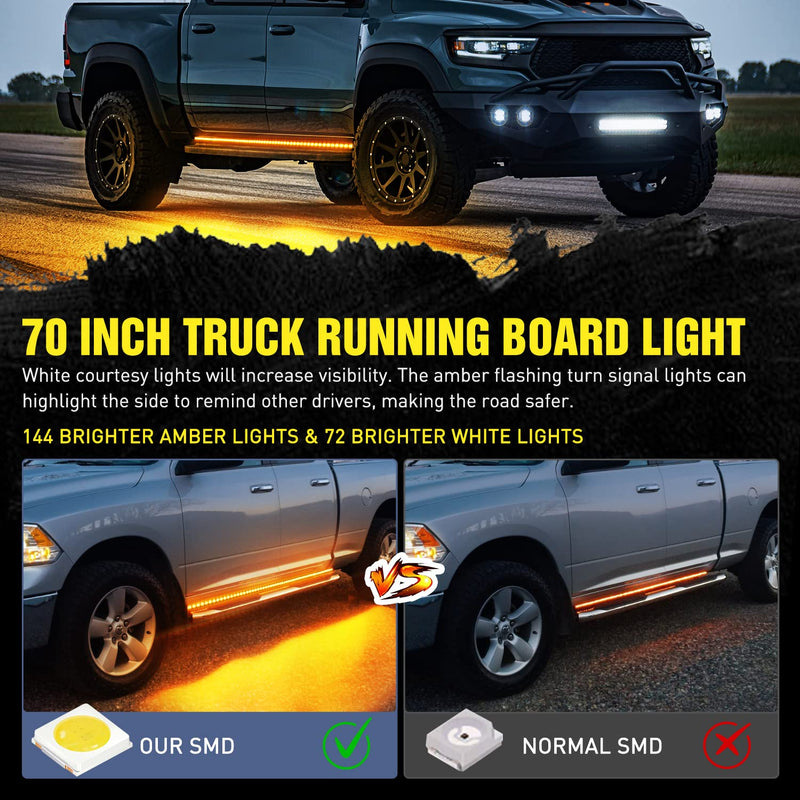 Nilight Truck LED Running Board Lights 2PCS 70 Inch LED Side Maker Light with 216 LEDs White Courtesy Light & Sequential Amber Turn Signal Lighting Strips for Extended & Crew Cab Trucks Pickup 70" Running Board Lights White/Amber Light Strip