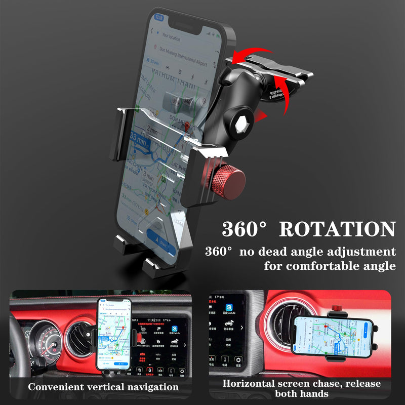 Upgraded Vent Aluminum Phone Mount for Jeep Wrangler JL & Gladiator JT (2018-2023) & Sahara, Car Vent Phone Holder with 360° Rotation Full Metal Arm 20x Super Strong Phone Stand for all Smartphones Jeep Wrangler Vent Phone Mount (2018-2023)
