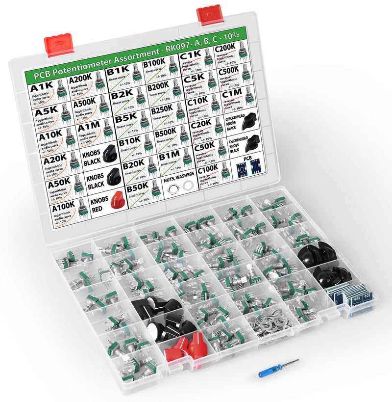 100 pcs Vertical Small 10% Tolerance 15mm Shaft 9mm Potentiometer Assortment Kit for PCB Mount 1K, 2K, 5K, 10K, 20K, 50K, 100K, 200K, 250K, 500K, 1M, Linear, logarithmic, Reverse Log