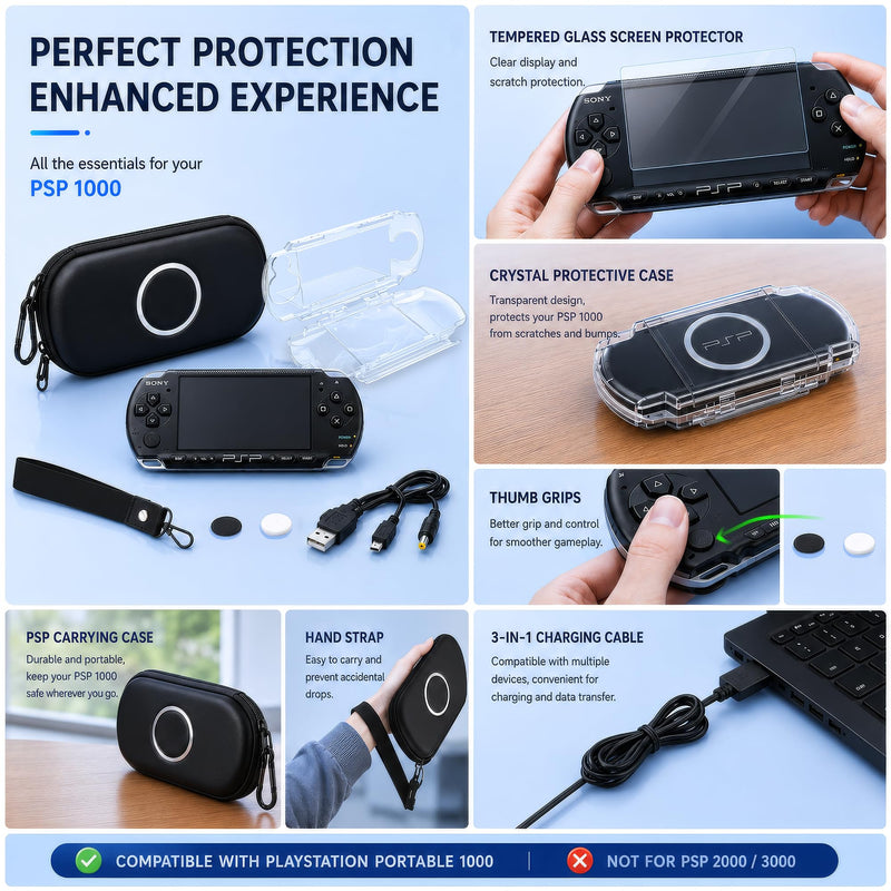 7-in-1 Accessories Kit for PlayStation Portable 1000-Black Carrying Case with Screen Protector, crystal protective cover ,2 joystick caps, charging Cable & wristband hanging rope