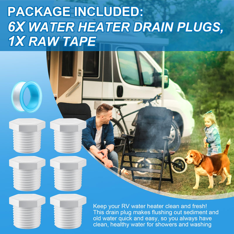 6 Pieces RV Hot Water Heater Drain Plug with Tape, 1/2 Inch NPT Drain Plug White Plastic Drain Plug, Compatible with RV Camper and Atwood Water Heater 11630 91857