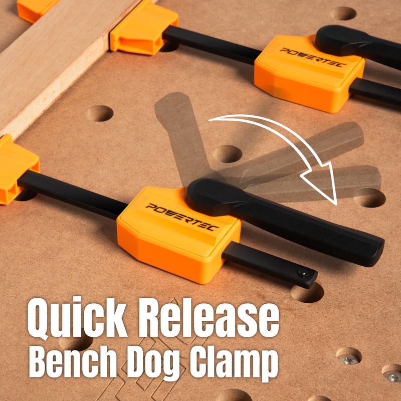 POWERTEC 72240 Bench Dog Clamps w/Bench Dogs for 3/4" Dog Holes | 2PCs Quick Clamp and Release Wood Clamps with 176lbs Clamping Force, 8PCs Durable Bench Dogs with Grommet Bench Brake Inserts Bench Dog Clamps (2PCs) w/ Bench Dogs (8PCs)