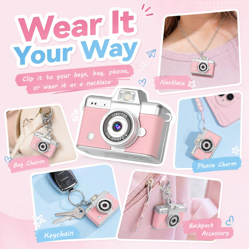 Mini Flip Screen Digital Camera, 1.47 Inch Pocket Retro Camera with USB-C Charging, 1080P/720P Video, MicroSD Support Up to 128GB, Portable Keychain Camera (Pink) Pink
