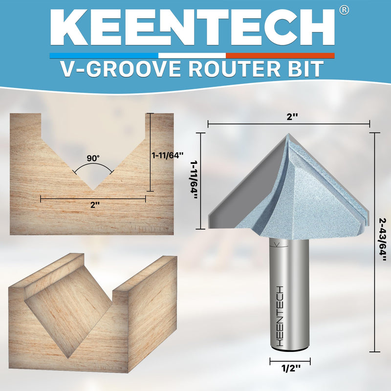 KEENTECH 90 Degree V Groove Router Bit for Woodworking with 1/2" Shank, Industrial Grade Carbide, 2" Diameter x 1-11/64" Cutting Depth, with Storage Case 1/2"(Shank)*2"(Dia.)*1-11/64"(Depth)