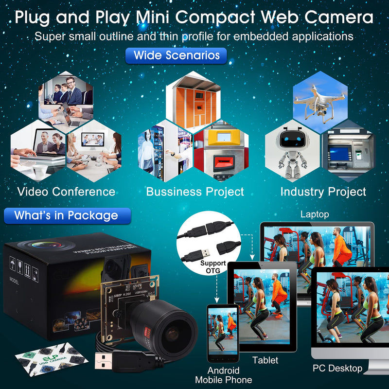 1080P USB Camera Module, 0.01Lux Low Light Camera with 2.8-12mm Varifocal Lens H.264 2MP CMOS IMX323 UVC Industrial Webcam Board for Window Linux Android Mac OS