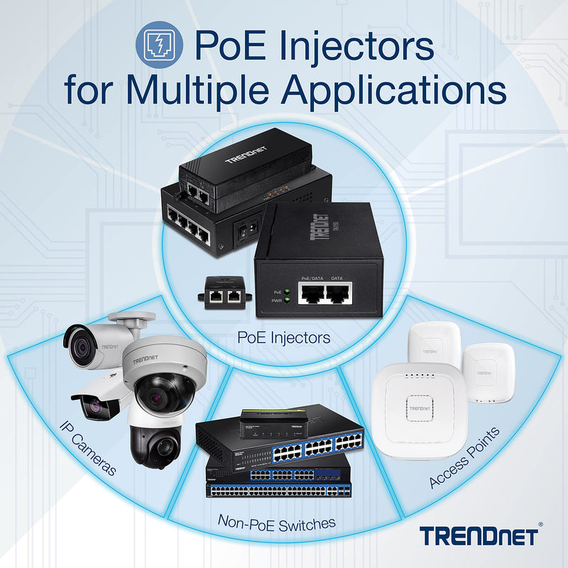 TRENDnet 65W 4-Port Gigabit PoE+ Injector, TPE-147GI, 4 x Gigabit Ports(Data in), 4 x gigabit PoE Ports(Data + PoE Out), Multi-Port PoE+ Injector up to 100m(328 ft.), Add PoE+ Power to Non-PoE Switch