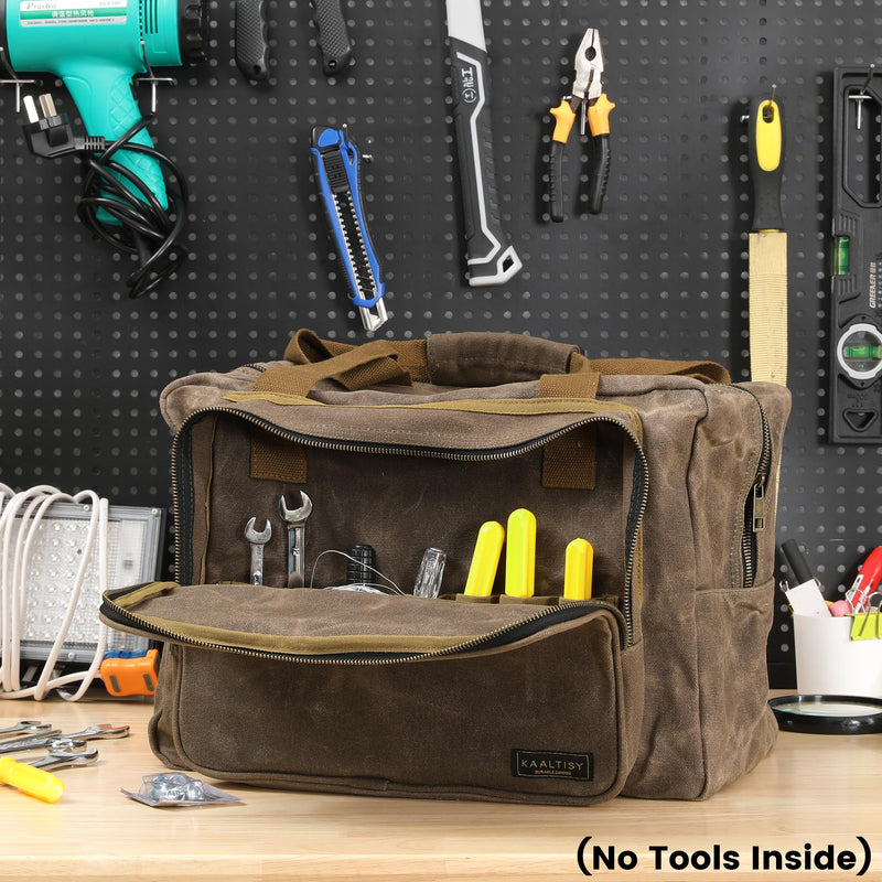 Kaaltisy 16oz Waxed Canvas Tool Bag – Robust Zipper Garden Tools Tote with 3 Compartments & Padded Handle (Grey) – Tool Organizer for Gardening Wire Cutters Goggles Grey