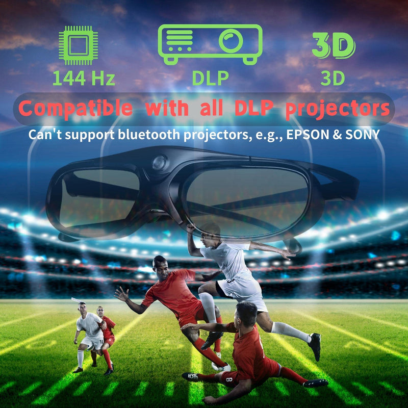 Sintron 2X ST08-DLP 3D Active DLP-Link Glasses Eyewear Rechargeable - 144Hz for 3D-Ready DLP Projectors Including Optoma, BenQ, Acer, Dell, Viewsonic, Vivitek, Sharp, LG, NEC, Mitsubishi (Black) Black