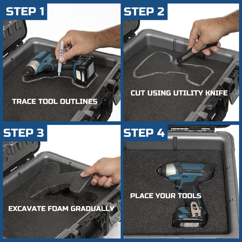 ONREVA Tool Box Foam 16x12x1 inch 4Pack, Foam Inserts for Cases, Polyethylene Storage Sheets for Toolbox Hard Case, Tool Shadow Insert, Kaizen Organizer Sheet, Black with Blue