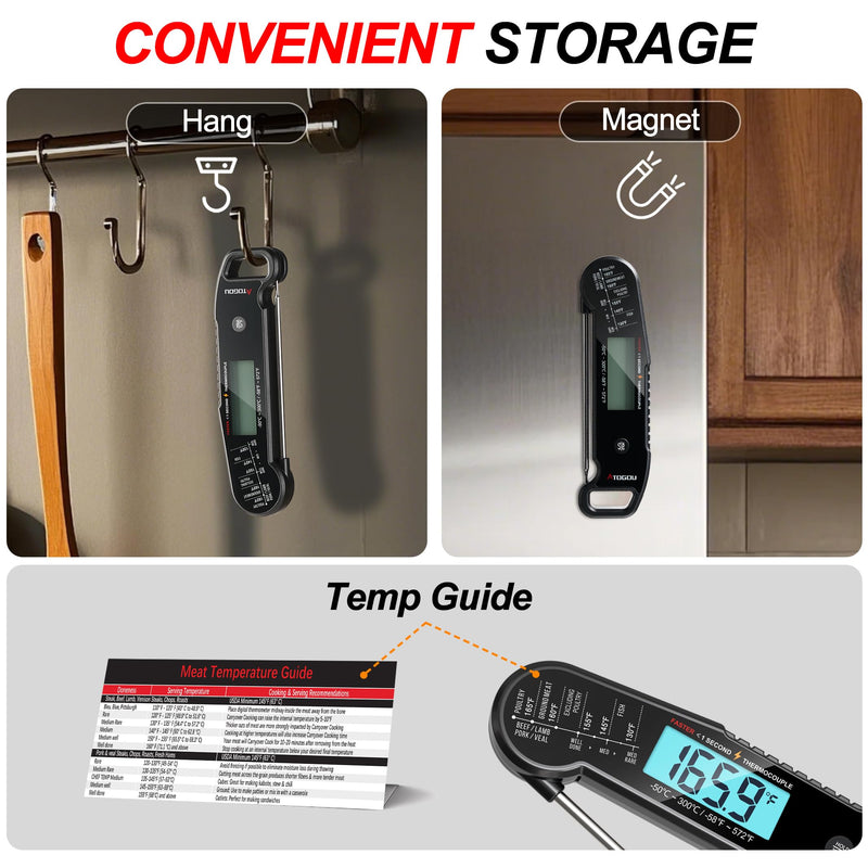 Professional Food & Meat Thermometer, 1 Sec Instant Read & ±0.5℉ Accuracy Driven by Thermocouple Sensor. IP67 Waterproof Digital Thermometer for Cooking, BBQ, Grill Gifts for Men Him Dad Birthday Black