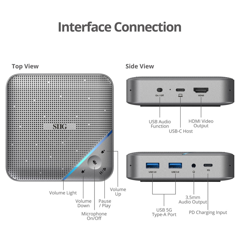 SIIG USB-C Multitask Mini Dock with Conference Speaker, Omnidirectional Microphone, Touch Volume Control, 4K HDMI, USB 3.0, 85W PD, Plug-N-Play, Mac and Windows, Silver (JU-DK0S11-S1)