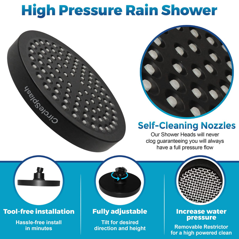 High Pressure Shower Head - Anti-Clogging Silicone Nozzles - 2.5 GPM Removable Restrictor - Easy to Clean Adjustable Replacement - easy to install with Plumbers Tape - 6 inch - Matte Black Finish 2.5GPM