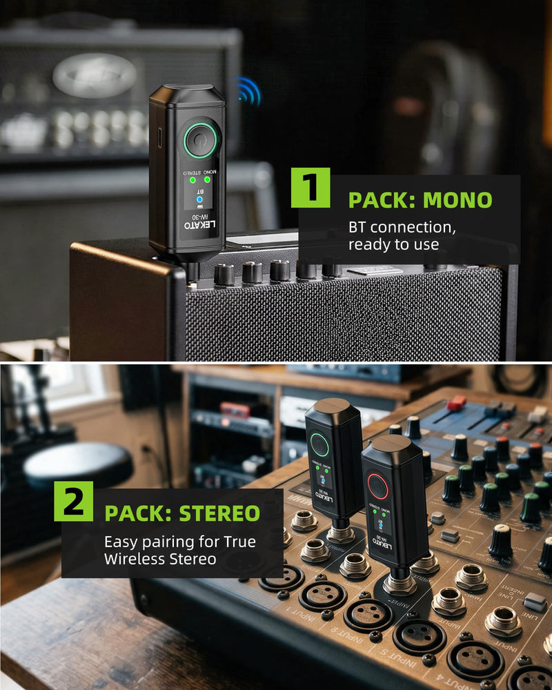 LEKATO Dual iW-30 Bluetooth Receivers with 1/4" TS Plug, BT 5.3 Wireless Audio Adapter, 48kHz/24bit Stereo Audio, for Audio Mixer, PA Speaker, DJ System,165ft Range,15H Battery Life(2 Pack for Stereo)
