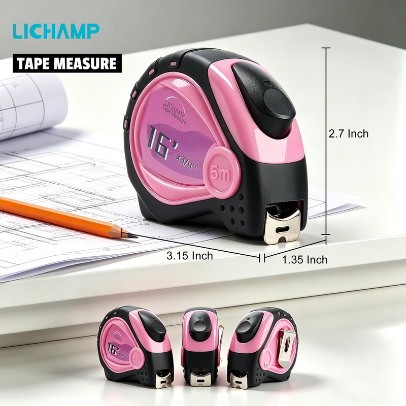 Lichamp Small Tape Measure 16 Feet, Pink Tape Measure Mini 3 Pack 16ft x 3/4in with 1/8 Fractions, 0316PK