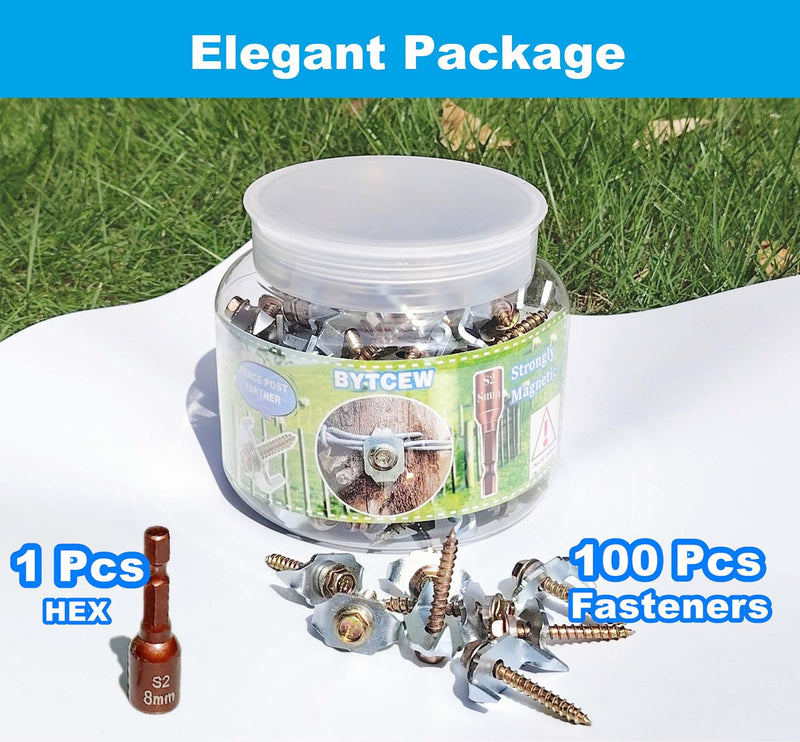 100 Pcs Fencing Fasteners Post Screw with Wire Fixer, Fence Staple for Wire Mesh and Woven Fencing, Quickly Install in Wood with Power Drill 100