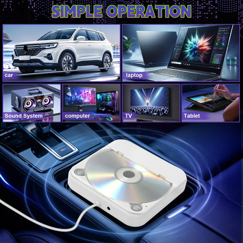 Portable CD Player for Car, External Car CD Player with USB/AUX Port | Plug & Play CD Player for Car, Anti-Skip, Shockproof, USB & AUX Compatible, Works with Car Stereo/Laptop/Desktop/TV White