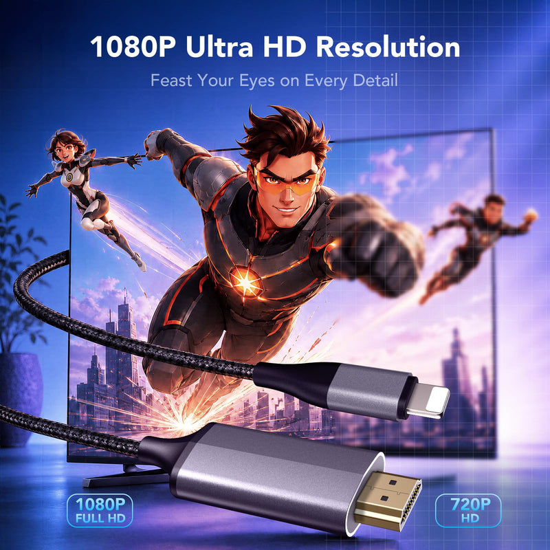 Lightning to HDMI Adapter for iPhone to TV/Projector/Monitor | 1080P@60Hz Screen Mirroring Cable | Plug & Play, No Power Needed | 6.6ft/2m Compatible with iPhone14/13/12/11/XS/XR/8+/7/iPad Space Gray