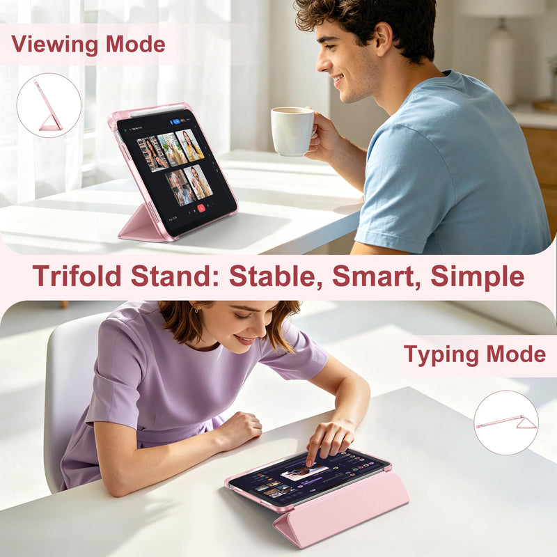for iPad A16 11th 10th Generation Case with Pencil Holder 11 inch | for iPad 10th Gen Case 10.9 inch 2022/ 2025 with Full Protective Trifold Stand Cover, Hard Translucent Back,Pink Pink