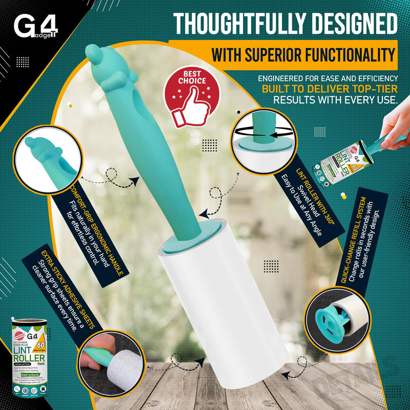 G4GADGET Lint Roller for Pet Hair – 7 Refills (420 Sheets) with 1 Handle – Extra Sticky Lint Remover for Clothes, Furniture, Carpet – Cat & Dog Hair, Dust & Fluff Cleaner