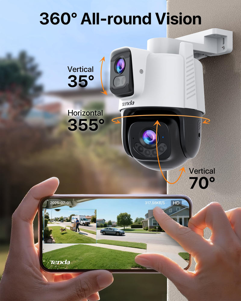 Tenda Wi-Fi Outdoor Camera 2K+2K, 360° PTZ Surveillance Camera with Dual Lens, FHD Auto Tracking, IP65 Waterproof, Color Night Vision, Two-Way Audio, Vehicle Detection – CH9 CH9 2K+2K Dual-Lens Camera