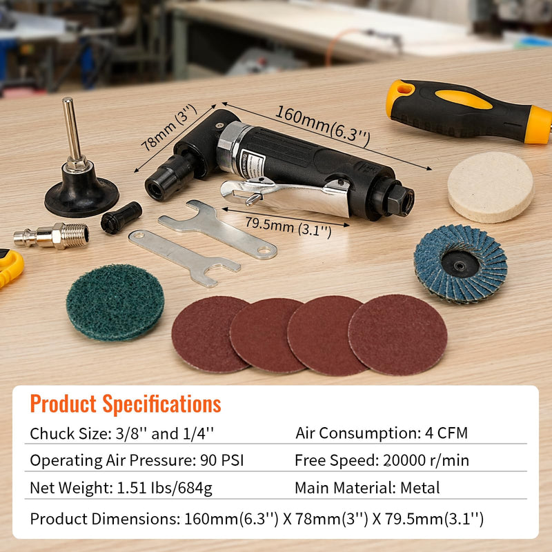 BAIWEN 1/4" Right Angle Air Die Grinder - 90 Degree Heavy Duty 20,000 RPM Compressed Sander Polisher Tool for Contour Grinding, Polishing, Milling, Cutting Black Die Grinder Set