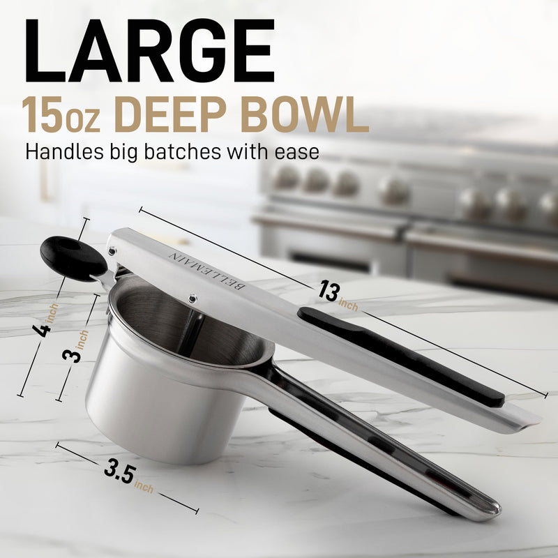Bellemain 15oz Large Potato Ricer for Mashed Potatoes, Stainless Steel Mashed Potato Masher & Squeezer, Easy-To-Clean Professional-Grade Hand Vegetable Ricer, Kitchen Tool, Food Press & Food Mill Fixed Disc Black