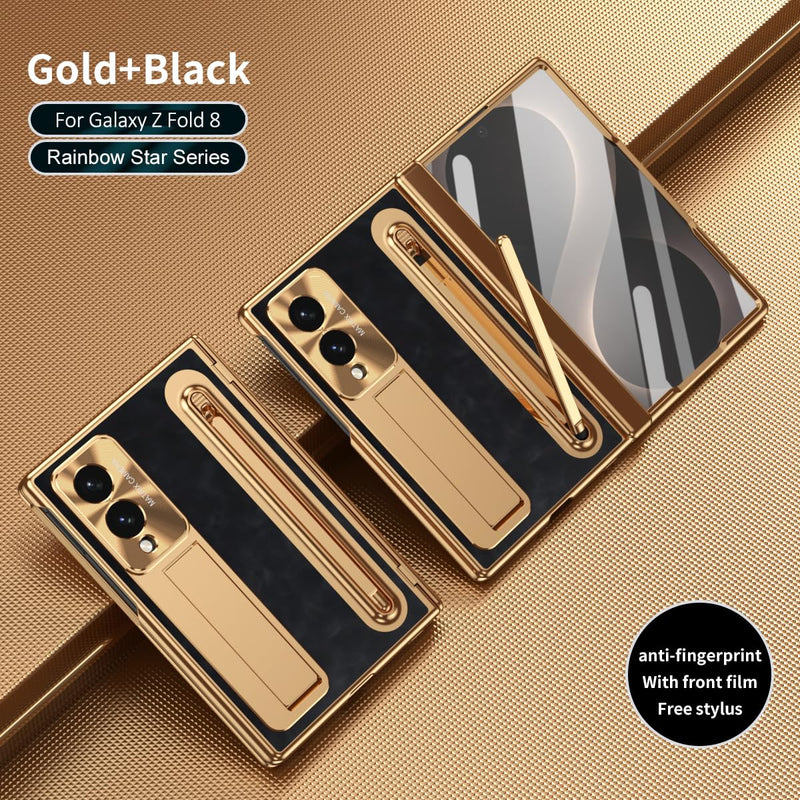 NINKI for Samsung Galaxy Z Fold 8 Case with S Pen Holder & Stylus, Galaxy Z Fold 8 Phone Case with Stand & Screen Protector, Plating Leather Hinge Protective Cover for Samsung Fold8 – Gold with Black Gold+Black