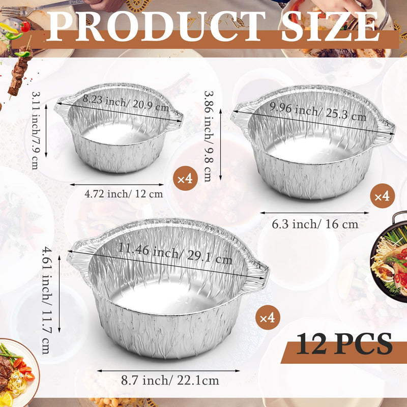 Ziliny Disposable Aluminum Pot with Lid Round Foil Pans Disposable Cookware Food Container for Vacation Trips Camping Baking Heating Cooking(12 Pcs,33.8, 67.6, 121.7 oz) 12 Variety Pack (33.8 oz, 67.6 oz, 121.7 oz)