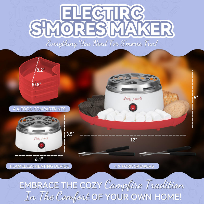 Party Desserts Electric Smores Maker Tabletop Indoor Kit, Indoor Marshmallow Roaster, Smores Station with 4 Compartment Trays & 4 Forks, Great Gift for Adults and Kids in Holidays and Parties (Red) Red