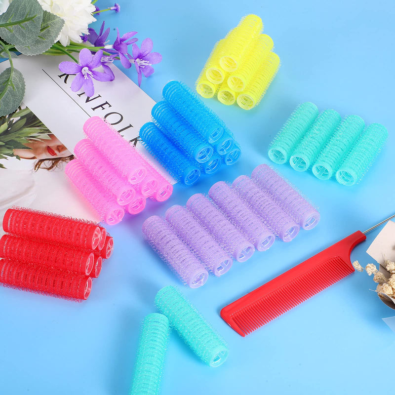 Syhood 36 Pieces Self Adhesive Hair Rollers Curlers Set Small Medium Short Hair Roller Bulk Women Rat Tail Comb Heatless Tool Salon Hairdressing Grip Curler Dry Wet(0.6 x 2.4 Inch,Classic Colors Set) 37 Piece Set Classic Colors Set