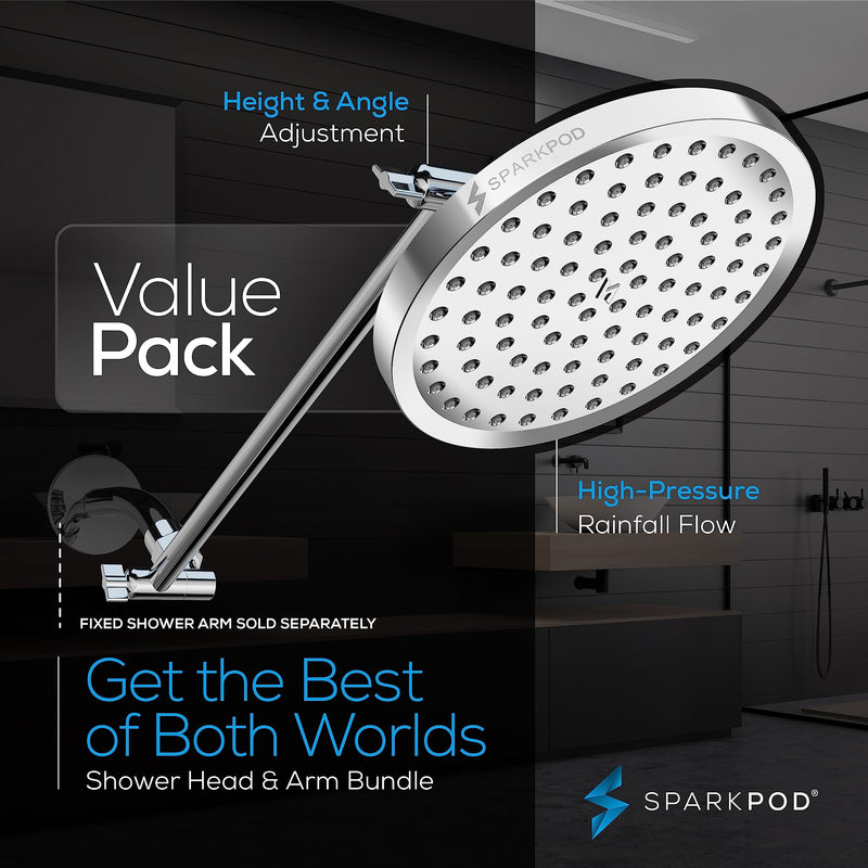SparkPod Round Rain Shower Head with Extension Arm - Height Adjustable Shower Head with High Pressure Performance - Easy 1-Minute Installation (8" Round, Luxury Polished Chrome) 1. Luxury Polished Chrome Round 8" 16" Arm