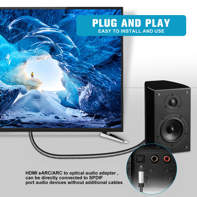 192KHz HDMI eARC/ARC to Optical Audio Converter for TV to Soundbar, Plug & Play 3.4ft/1.05m eARC to Optical Cable Audio Extractor Adapter Splitter for Sound System Home Theater Support Dolby/DTS 5.1