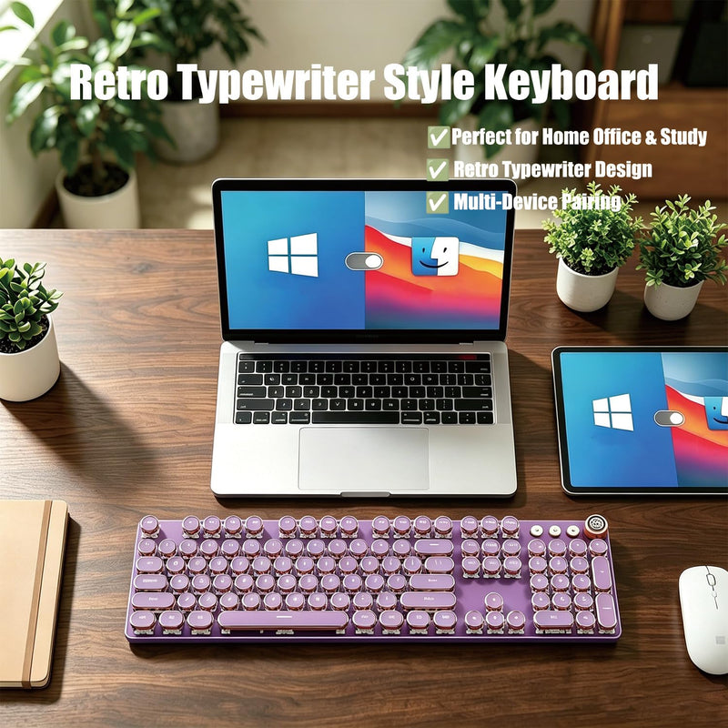 Purple Retro Typewriter Keyboard, 104 Keys Wired USB with Round Keycaps, LED Backlit, for PC Laptop Mac Windows Purple
