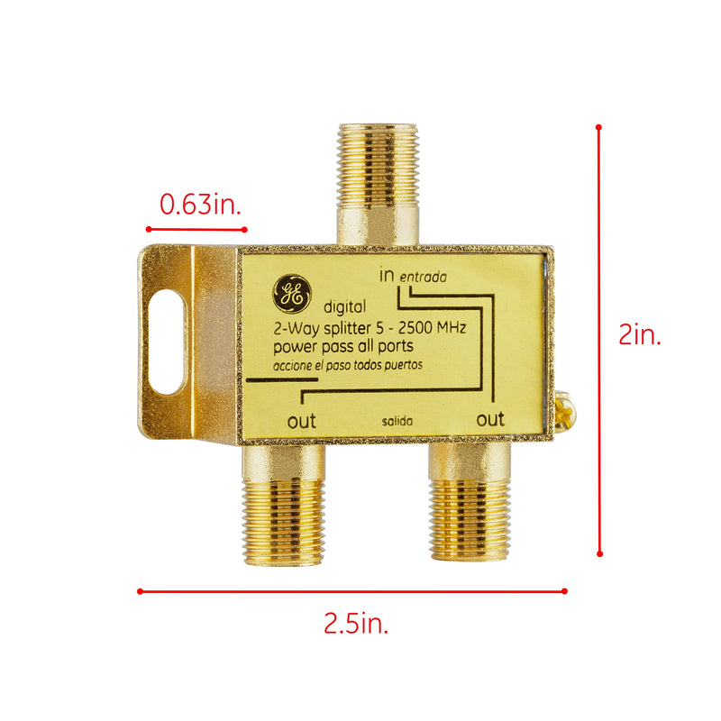 GE Digital 2-Way Coaxial Cable Splitter, 2.5 GHz 5-2500 MHz, RG6 Compatible, HD TV, Satellite, High Speed Internet, Amplifier, Antenna, Gold Plated Connectors, Corrosion Resistant, 2 Pack 73755